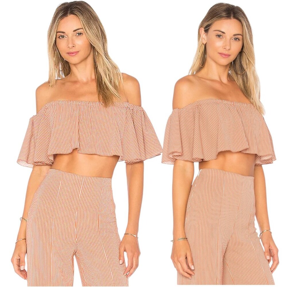 Revolve ELLEJAY Two Piece Matching Pant Set Tan/White Striped Crop Top & Pants 0